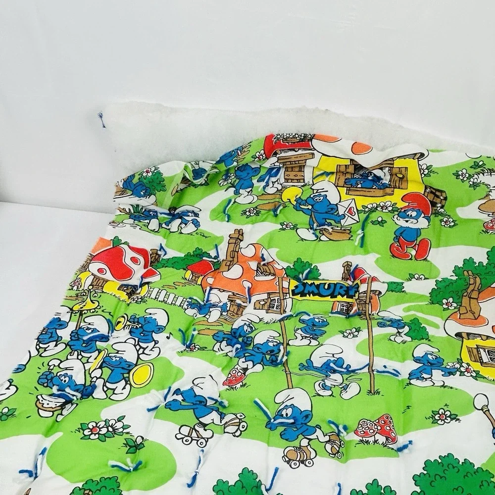 Vintage Smurfs Baby Blanket Quilt Project Unfinished Edges 48x42 Handmade 80s